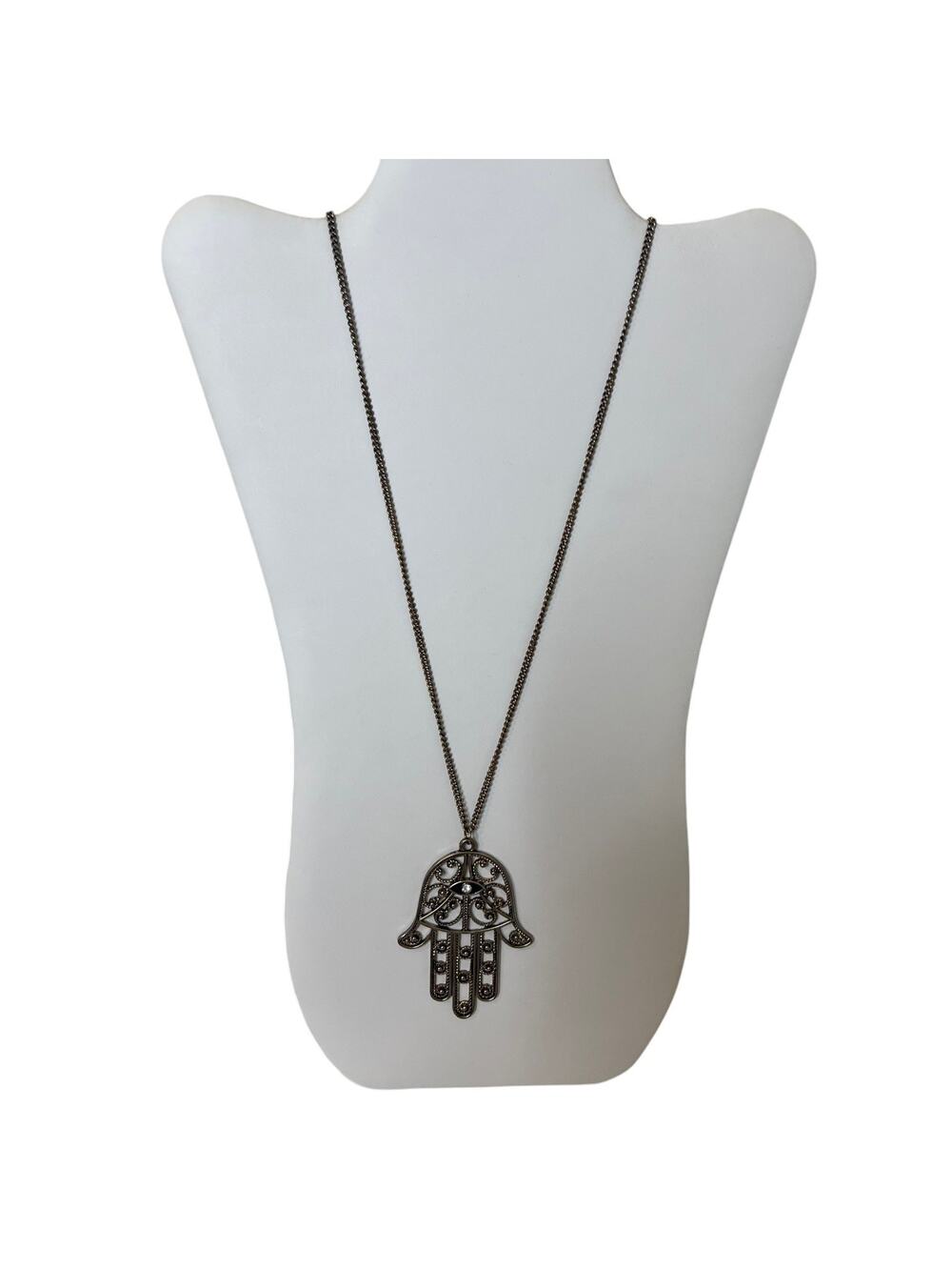 Gold Tone Hamsa Hand Pendant Necklace Evil Eye Open Scroll Chain Necklace